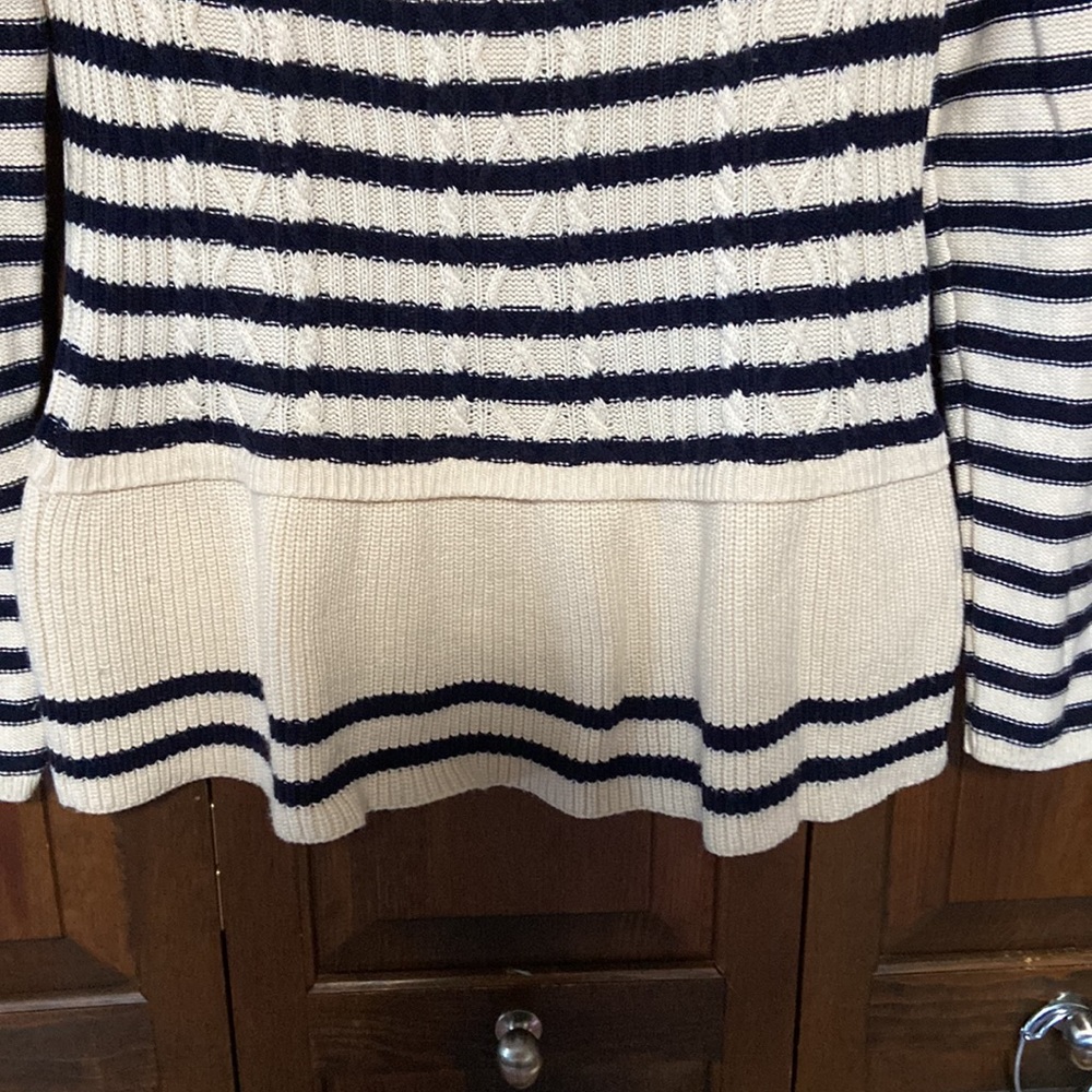 TALBOTS Cream Navy Blue Striped Crewneck Pullover Peplum Sweater Like New S M - Picture 3 of 4
